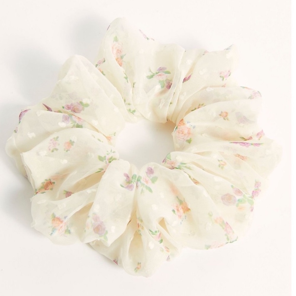 Free People Cottage Boho Floral White Large Fluffy Hair Scrunchie Accessory